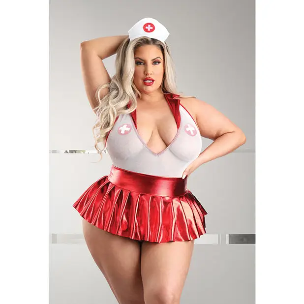 Play Pulse Check Collared Teddy w/Open Back Pleated Skirt Medic Hat & Pasties Red/White 3X/4X - Costumes