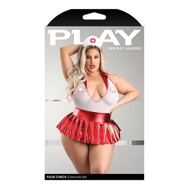 Play Pulse Check Collared Teddy w/Open Back Pleated Skirt Medic Hat & Pasties Red/White 1X/2X - Costumes