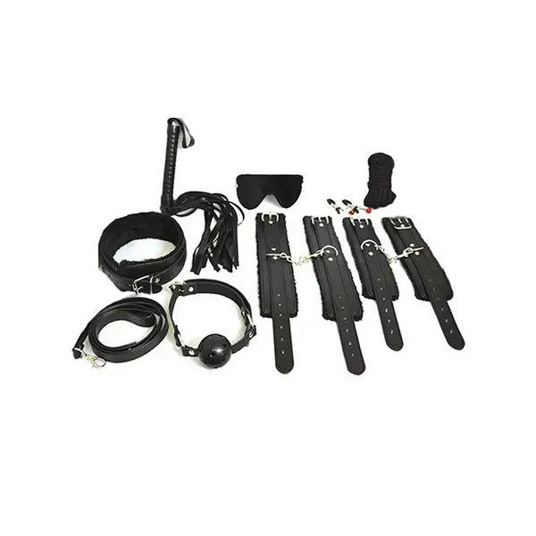 Plesur Everything Bondage 12 Piece Kit - Black - Bondage Blindfolds & Restraints