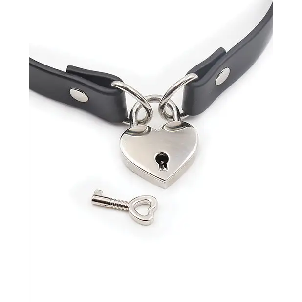 Plesur PVC Collar w/Heart Lock - Black - Bondage Blindfolds & Restraints