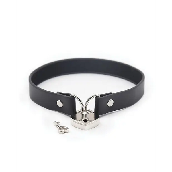 Plesur PVC Collar w/Heart Lock - Black - Bondage Blindfolds & Restraints