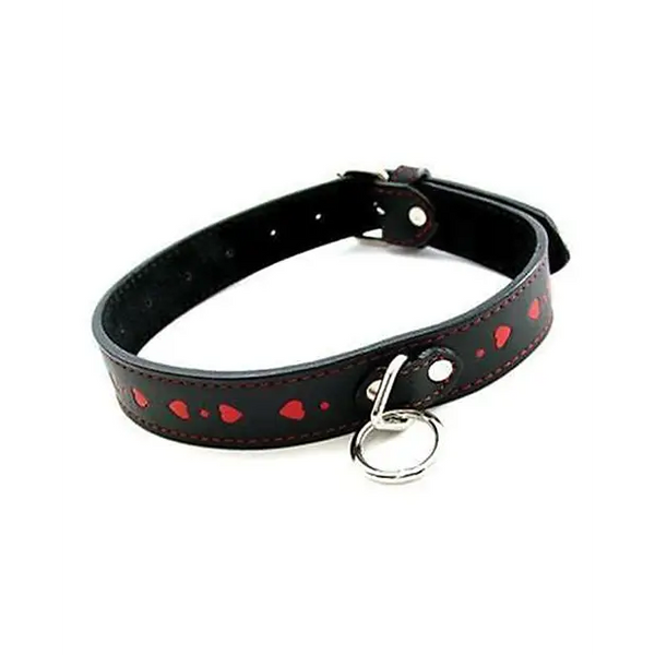 Plesur PVC Collar w/Hearts - Black/Red - Bondage Blindfolds & Restraints