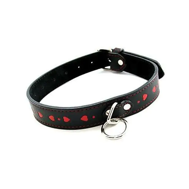 Plesur PVC Collar w/Hearts - Black/Red - Bondage Blindfolds & Restraints
