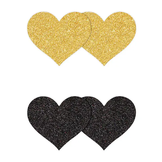 Pretty Pasties Glitter Hearts Black/Gold - 2 Pair - Lingerie - Packaged