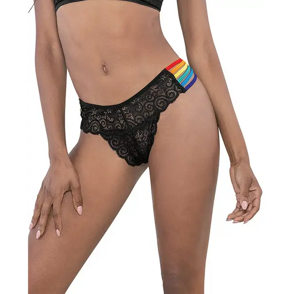 Pride Lace Rainbow Side Straps Panty Black O/S - Lingerie - Hanging