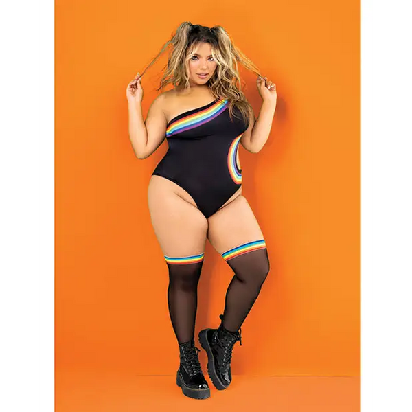Pride One Shoulder Side Cut Out Bodysuit Black Prints 3X/4X - Lingerie - Plus/Queen - Packaged