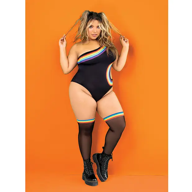 Pride One Shoulder Side Cut Out Bodysuit Black Prints 3X/4X - Lingerie - Plus/Queen - Packaged