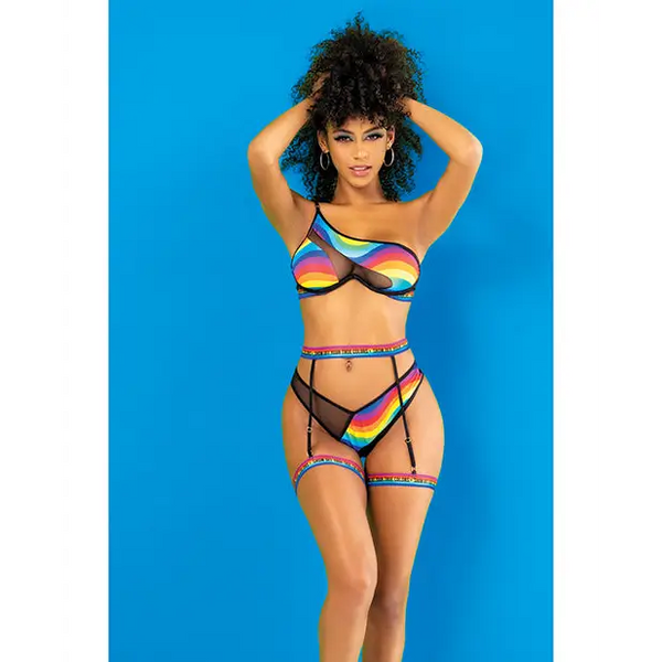 Pride One Shoulder Top Garter Belt & Panty Black Prints L/XL - Lingerie - Packaged