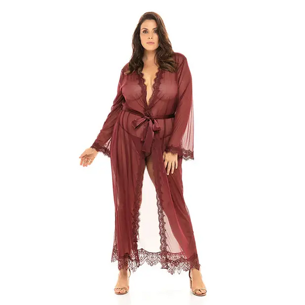 Provence Eyelash Lace Floor Length Robe Zinfandel 1X/2X - Lingerie - Plus/Queen - Hanging