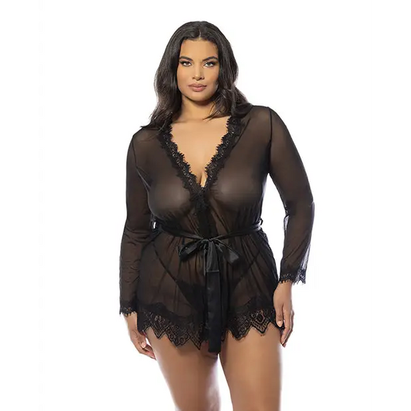 Provence Short Robe - Black 1X/2X - Lingerie - Plus/Queen - Hanging