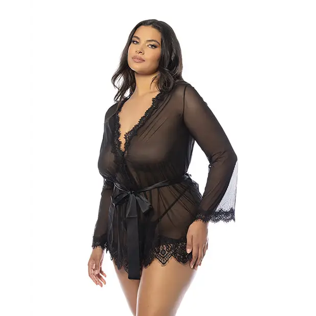 Provence Short Robe - Black 1X/2X - Lingerie - Plus/Queen - Hanging