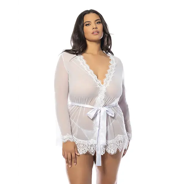 -=Provence Short Robe - White 1X/2X - Lingerie - Plus/Queen - Hanging
