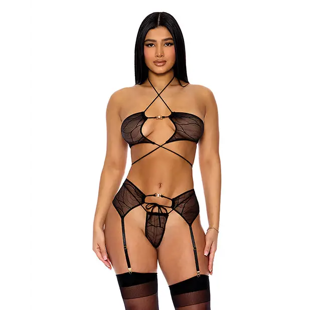 Pull My Strings Mesh Halterneck Bra w/Garter & Panty - Black SM - Lingerie - Hanging