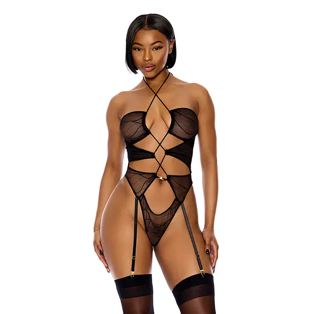 Pull My Strings Sheer Mesh Halterneck Teddy - Black MD - Lingerie - Hanging