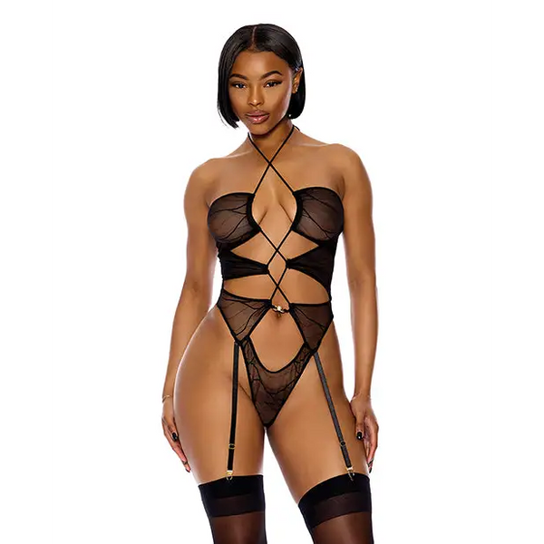 Pull My Strings Sheer Mesh Halterneck Teddy - Black SM - Lingerie - Hanging