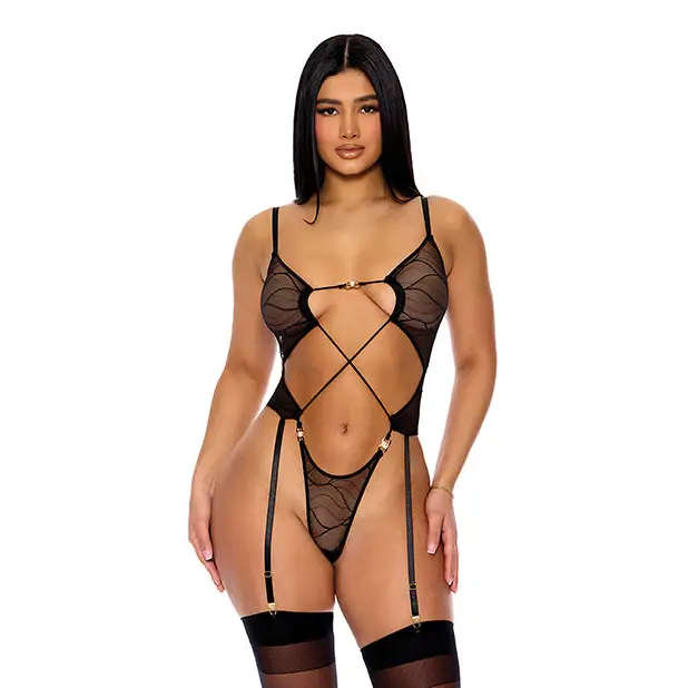 Pull My Strings Sheer Mesh Teddy w/Garters & Faux Pearl Details - Black LG - Lingerie - Hanging
