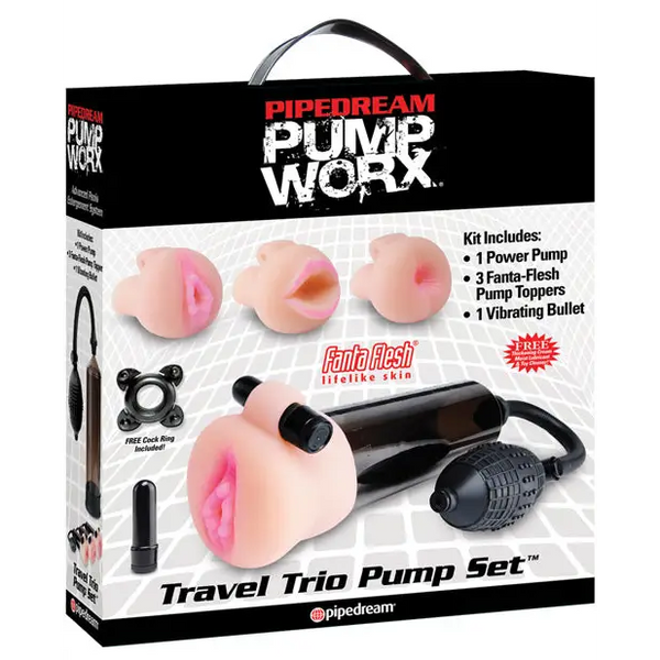 Pump Worx Travel Trio Pump Set - Power Pump Bullet & 3 Attch. - Penis Enhancement