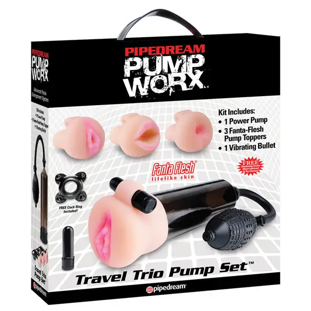 Pump Worx Travel Trio Pump Set - Power Pump Bullet & 3 Attch. - Penis Enhancement