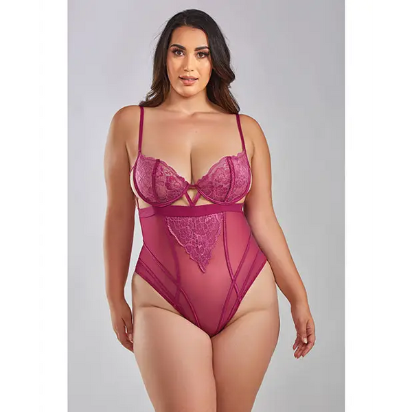 Quinn Cross Dyed Galloon Lace & Mesh Teddy Wine 1X - Lingerie - Plus/Queen - Hanging