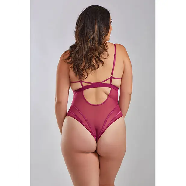 Quinn Cross Dyed Galloon Lace & Mesh Teddy Wine 3X - Lingerie - Plus/Queen - Hanging