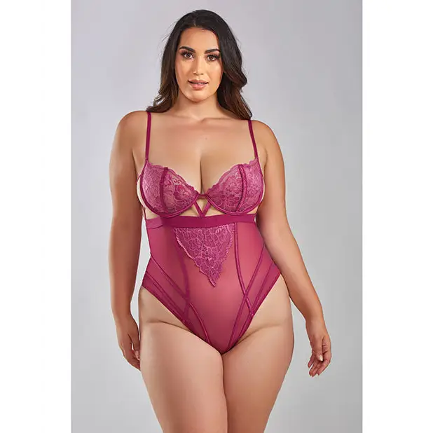 Quinn Cross Dyed Galloon Lace & Mesh Teddy Wine 3X - Lingerie - Plus/Queen - Hanging
