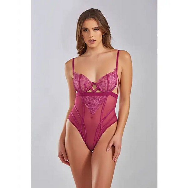 Quinn Cross Dyed Galloon Lace & Mesh Teddy Wine MD - Lingerie - Hanging