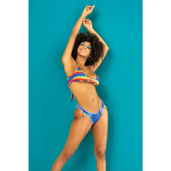 Rainbow Top & Strappy Micro Mini Shorts Chambray Prints L/XL - Lingerie - Packaged