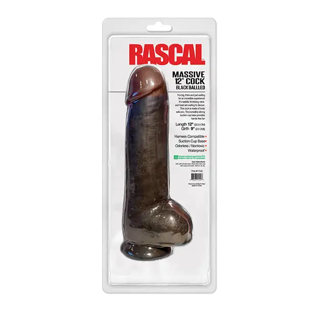 Rascal Black Balled 12’’ Cock w/Balls - Black - Dongs & Dildos