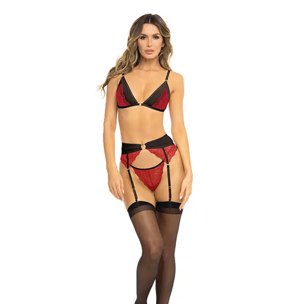 Rene Rofe Underneath It All Bra Garter Belt & G-String Red S/M - Lingerie - Packaged