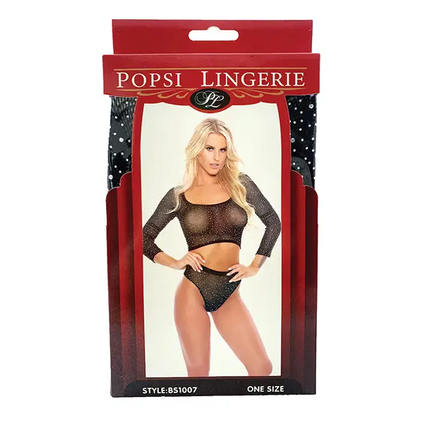 Rhinestone Crop Top w/High Waist Panty Black O/S - Lingerie - Packaged