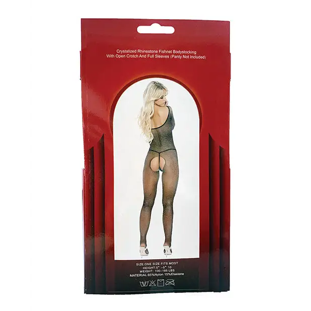 Rhinestone Fishnet Full Sleeved Bodystocking Black O/S - Lingerie - Packaged