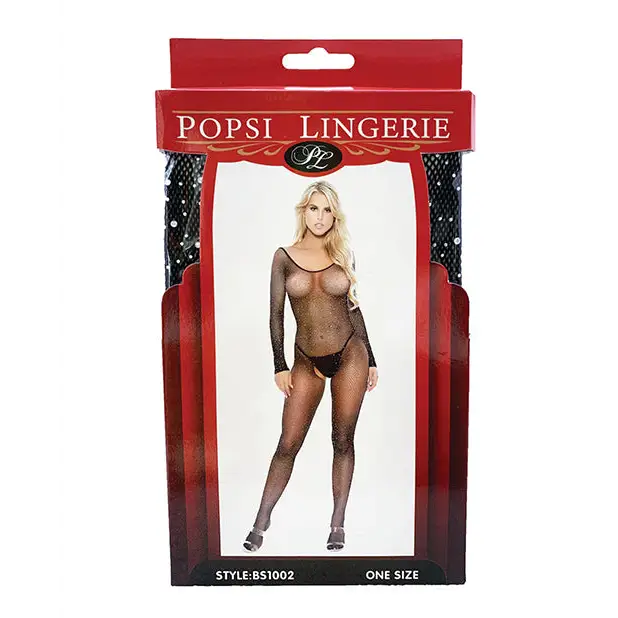 Rhinestone Fishnet Full Sleeved Bodystocking Black O/S - Lingerie - Packaged