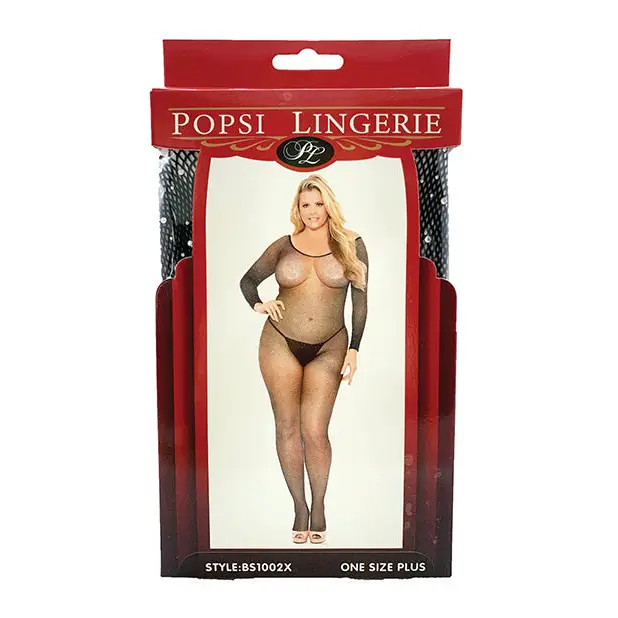 Rhinestone Fishnet Full Sleeved Bodystocking Black QN - Lingerie - Plus/Queen - Packaged