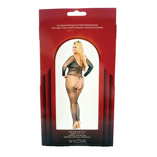Rhinestone Fishnet Full Sleeved Bodystocking Black QN - Lingerie - Plus/Queen - Packaged