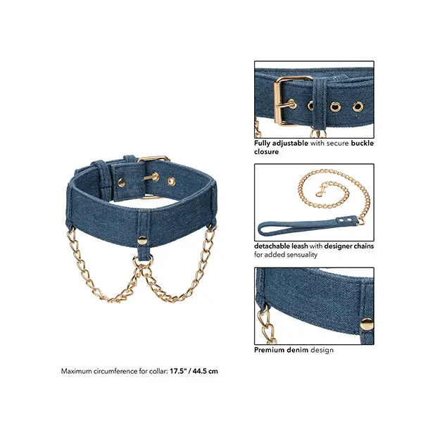 Ride ’Em Premium Denim Collection Collar w/Leash - Bondage Blindfolds & Restraints