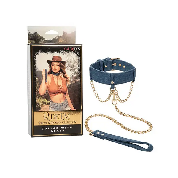 Ride ’Em Premium Denim Collection Collar w/Leash - Bondage Blindfolds & Restraints