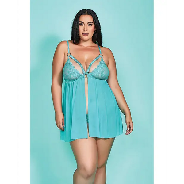 Riley Eyelash Lace Soft Cup Babydoll & Panty Teal 1X - Lingerie - Plus/Queen - Hanging