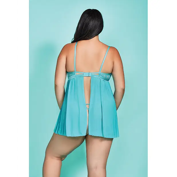Riley Eyelash Lace Soft Cup Babydoll & Panty Teal 2X - Lingerie - Plus/Queen - Hanging