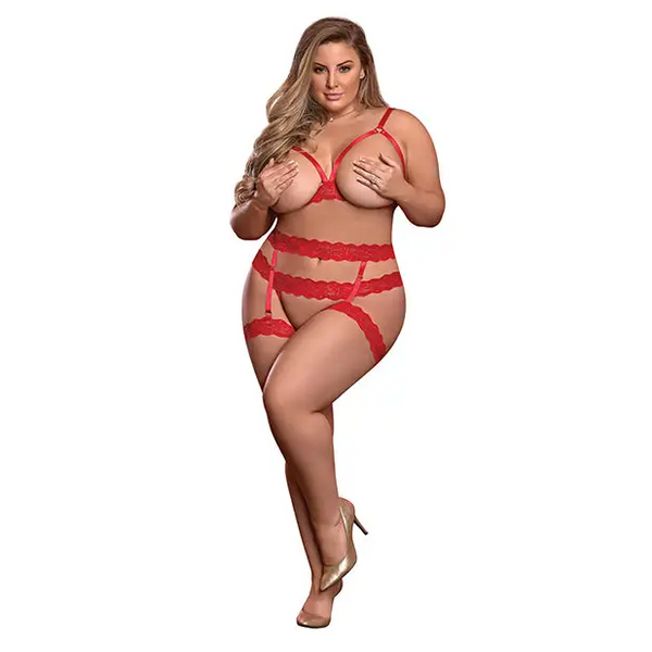 Risqué Business Cupless Bra Garter & Crotchless Panty Red QN - Lingerie - Plus/Queen - Packaged