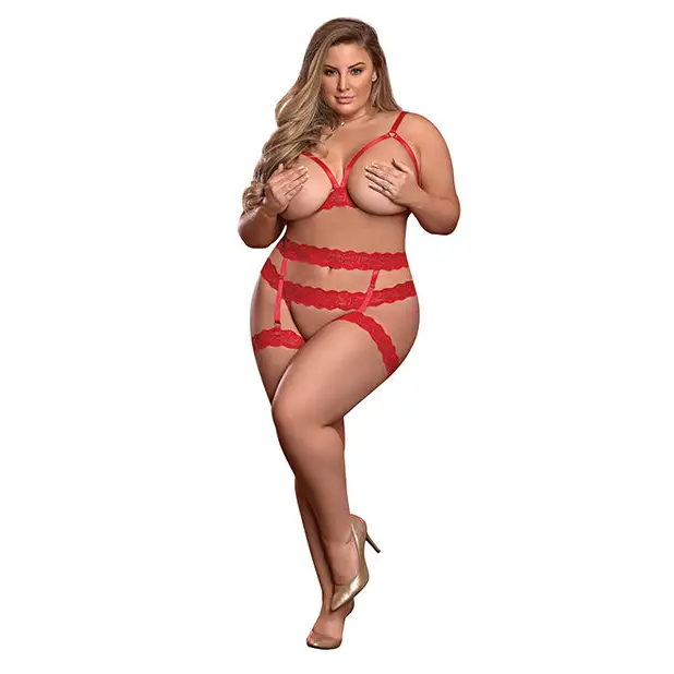 Risqué Business Cupless Bra Garter & Crotchless Panty Red QN - Lingerie - Plus/Queen - Packaged