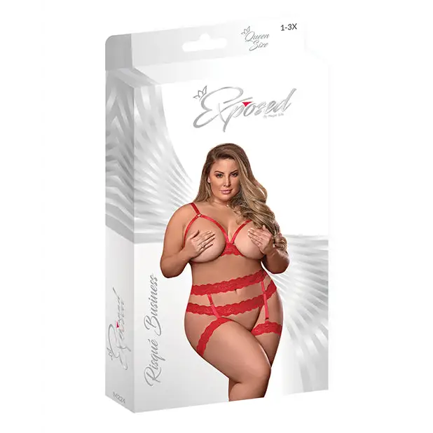 Risqué Business Cupless Bra Garter & Crotchless Panty Red QN - Lingerie - Plus/Queen - Packaged