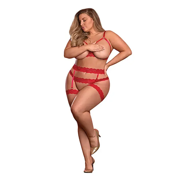 Risqué Business Cupless Bra Garter & Crotchless Panty Red QN - Lingerie - Plus/Queen - Packaged