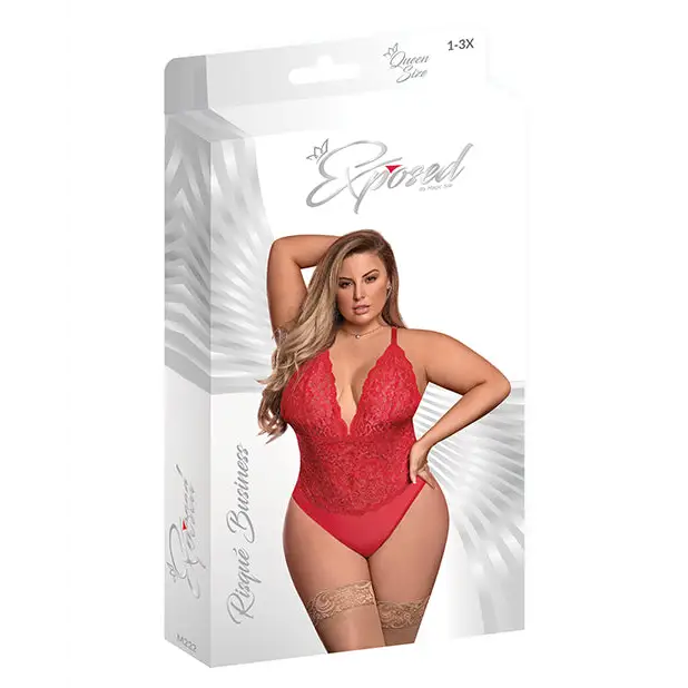 Risqué Business Lace & Mesh Teddy w/Snap Crotch Red QN - Lingerie - Packaged
