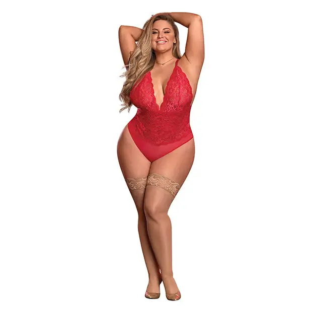 Risqué Business Lace & Mesh Teddy w/Snap Crotch Red QN - Lingerie - Packaged