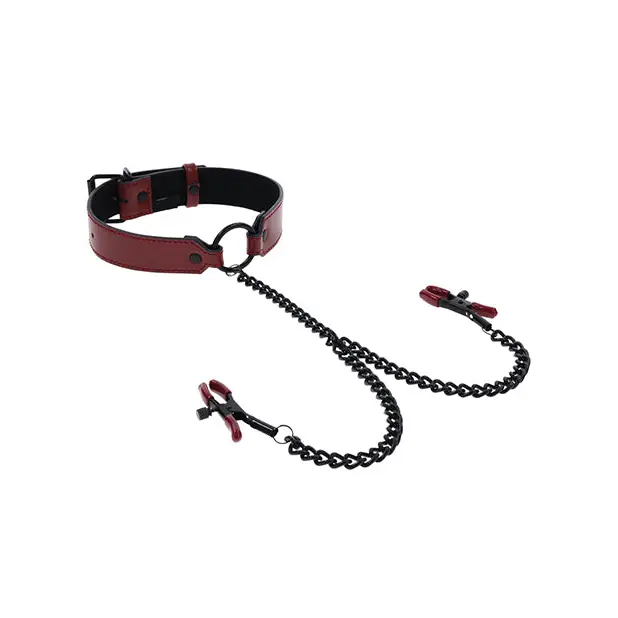 Saffron Collar w/Chain Nipple Clamps - Bondage Blindfolds & Restraints