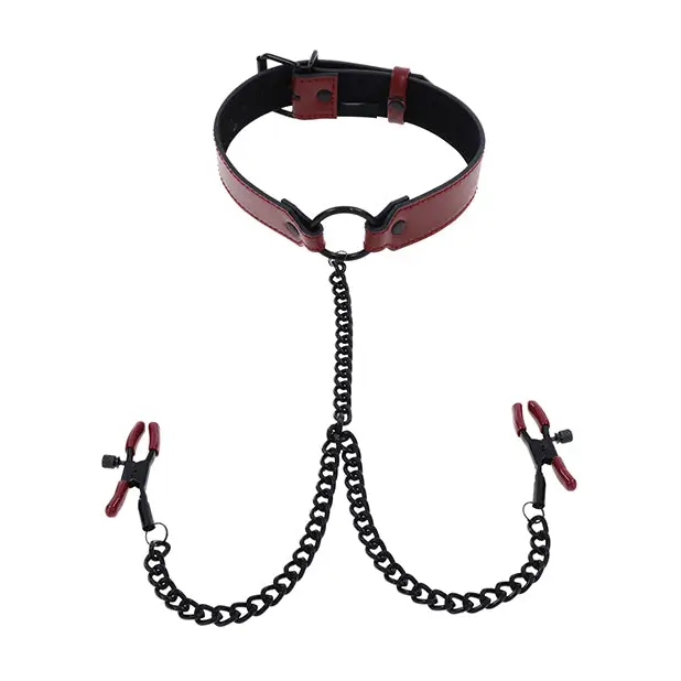 Saffron Collar w/Chain Nipple Clamps - Bondage Blindfolds & Restraints