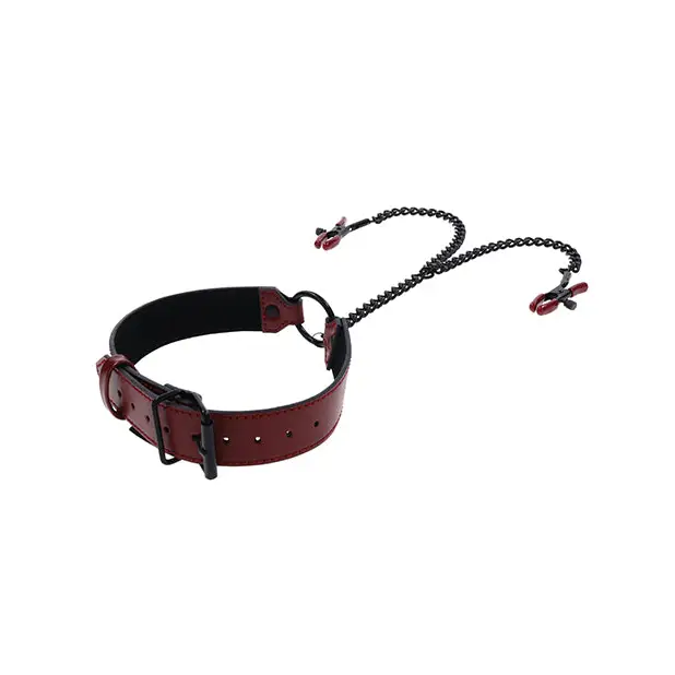 Saffron Collar w/Chain Nipple Clamps - Bondage Blindfolds & Restraints