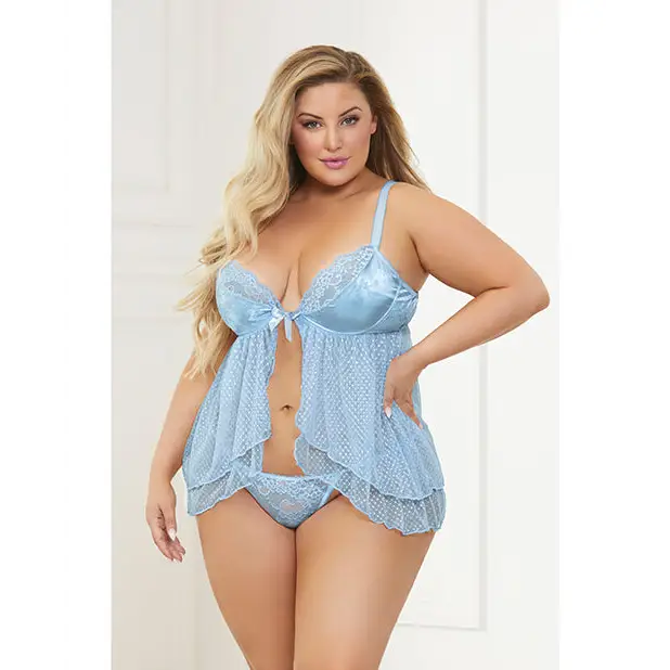 Satin Jacquard Dot Mesh Scallop Lace Babydoll & G-String Blue 3X/4X