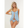 Satin Jacquard Dot Mesh Scallop Lace Babydoll & G-String Blue LG