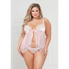 Satin Jacquard Dot Mesh Scallop Lace Babydoll & G-String Light Pink 3X/4X
